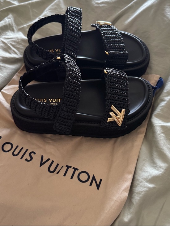 Louis Vuitton Shoes - Louis Vuitton Black Braided Strap Sandals with Gold Accents